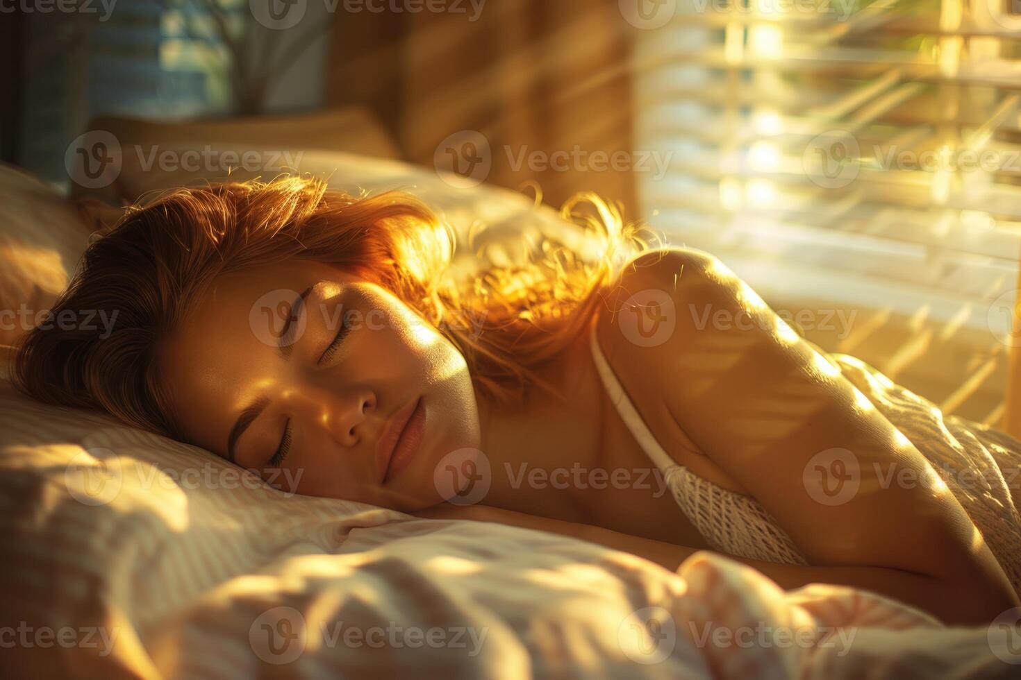 woman sleeping in white bed in daylight. photo