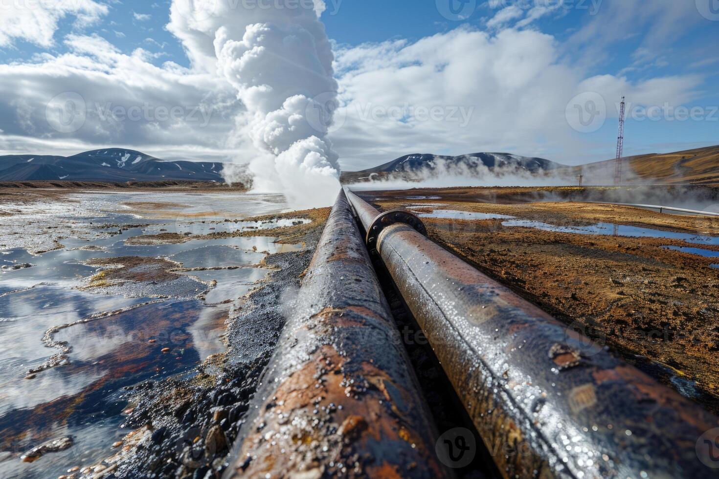 Aerial view to geothermal power plant in mountain. Clean green renewable energy. photo