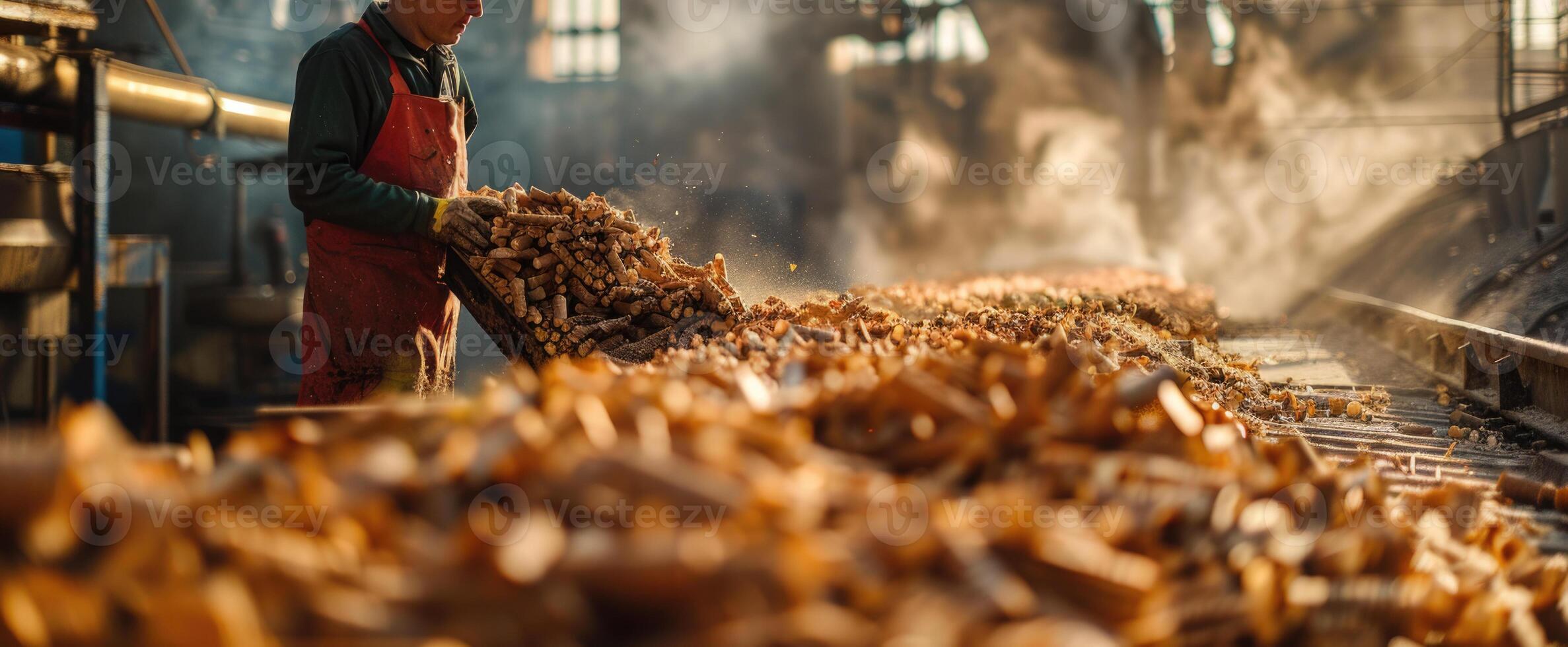 A bearded man using wood pellets as a renewable and eco-friendly fuel source for his boiler, heating his home in winter. photo