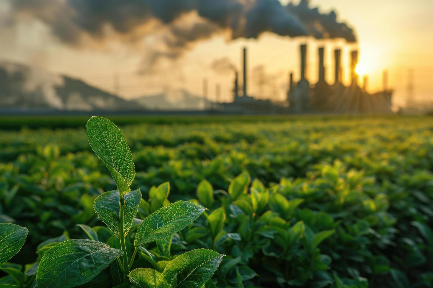 green field and power plant symbolizing the shift towards sustainable eco-friendly technologies. photo