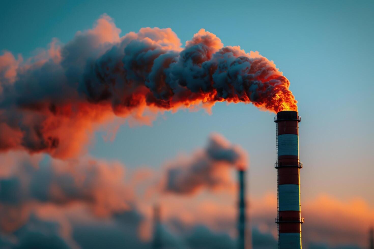 View on the smoke flue of the power plant against the blue sky, close up. photo