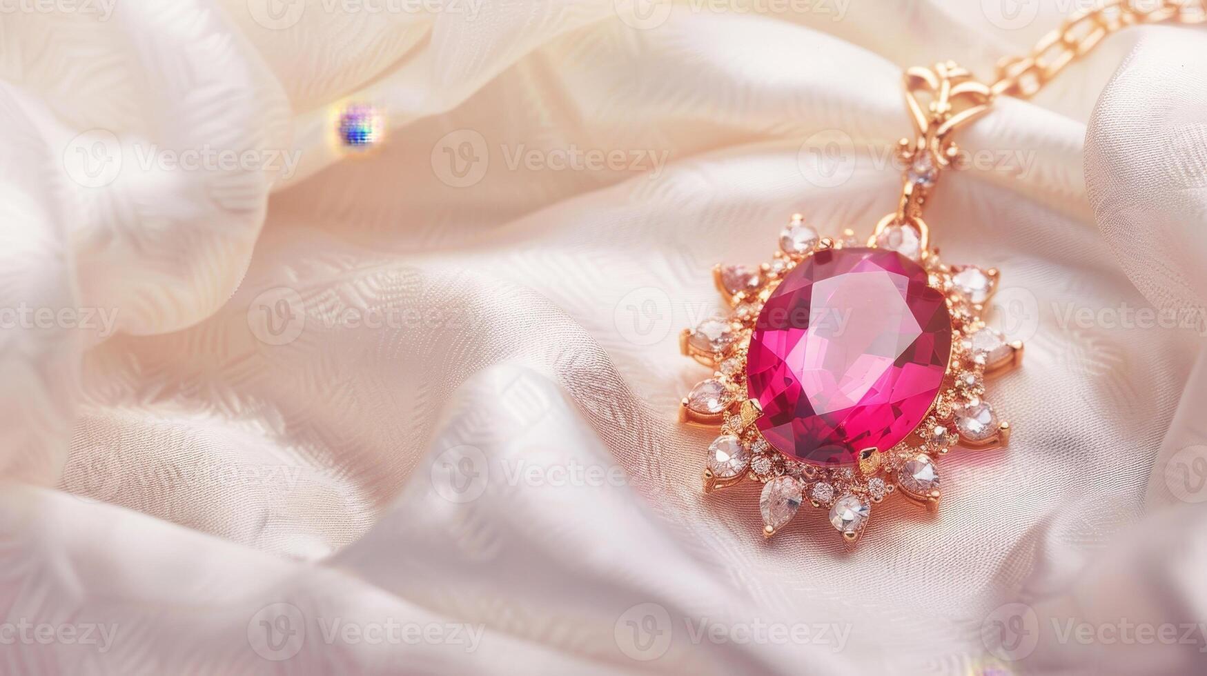 A pink gemstone with a gold chain is on a white cloth photo