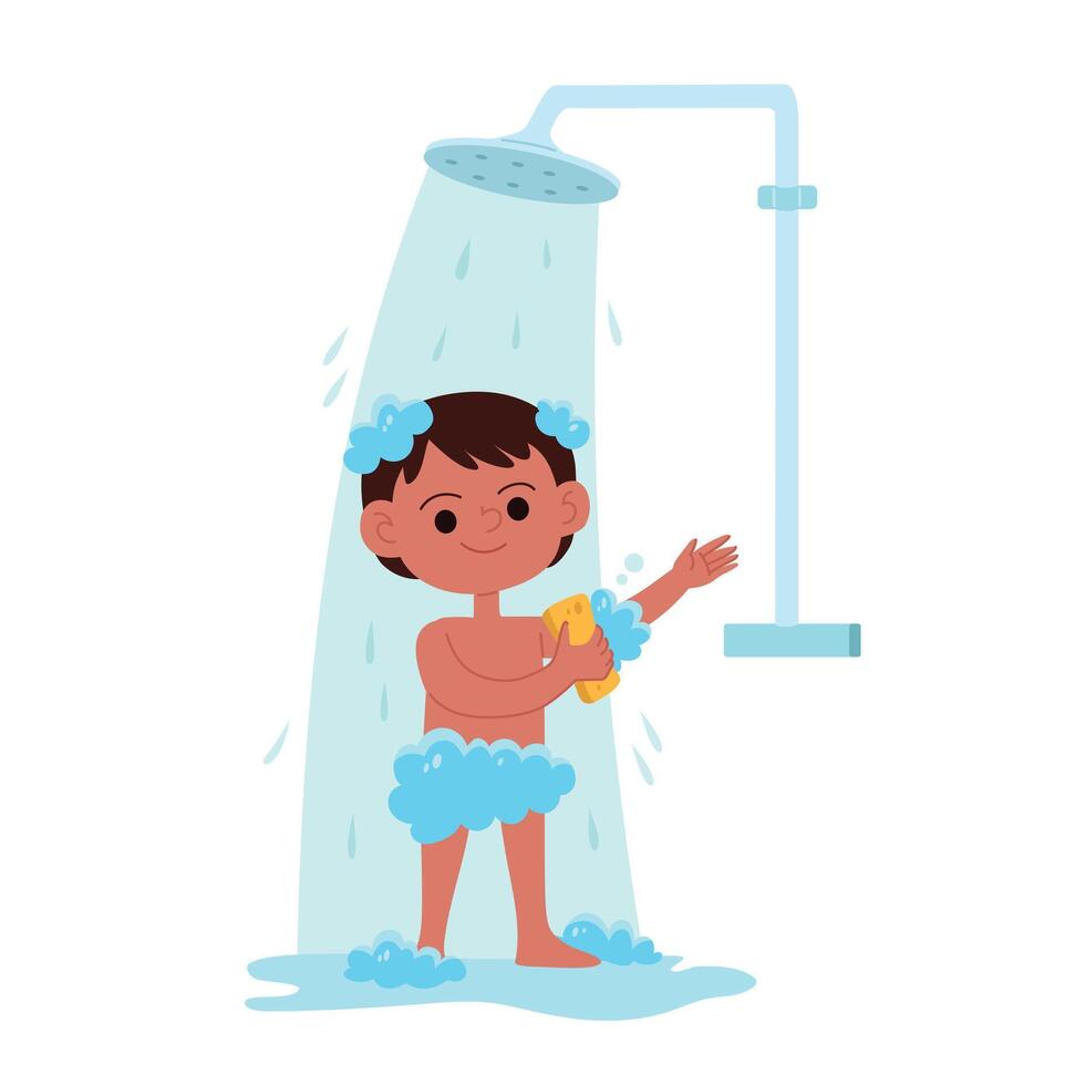 Happy boy taking shower in bathroom cartoon image vector
