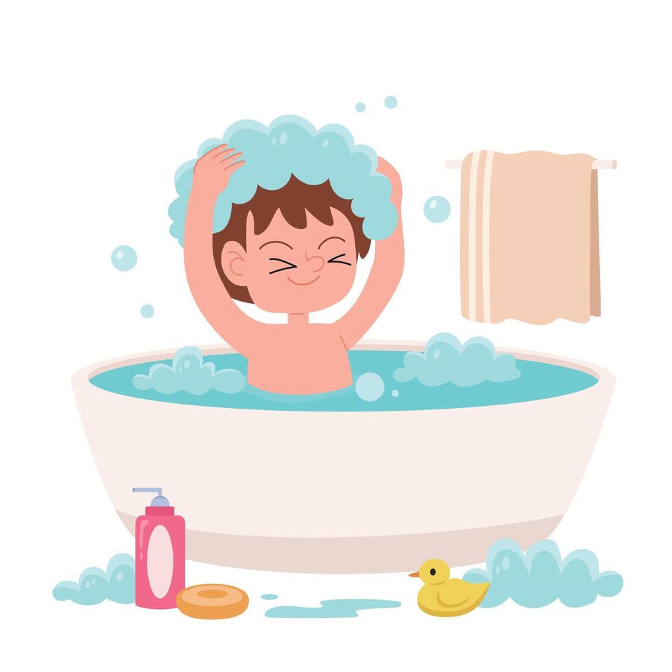Little boy take a bath in bathub cartoon image vector