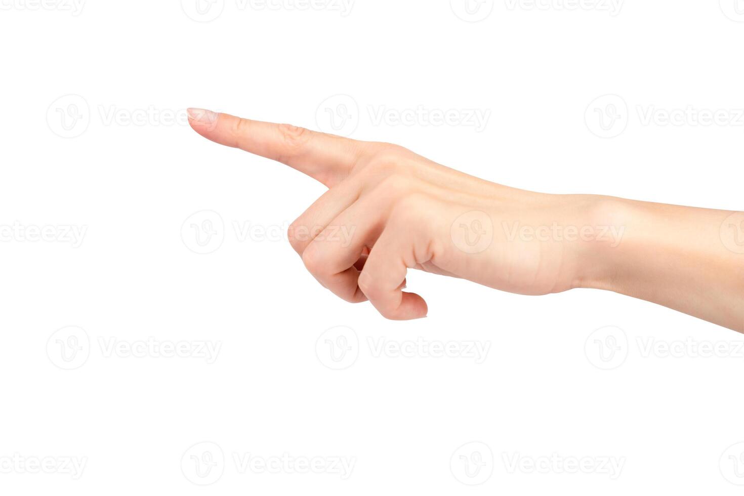 A woman's hand pointing to something with her index finger isolated on white background. photo