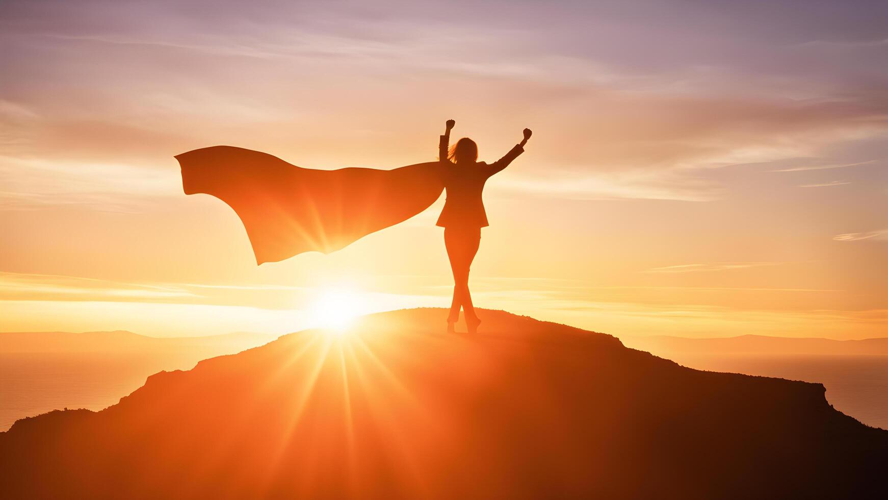 Silhouette back pose of businesswoman wearing cape and rise two fist up standing on cliff. concept of woman power, business success, leadership, target goal achieve, winner photo