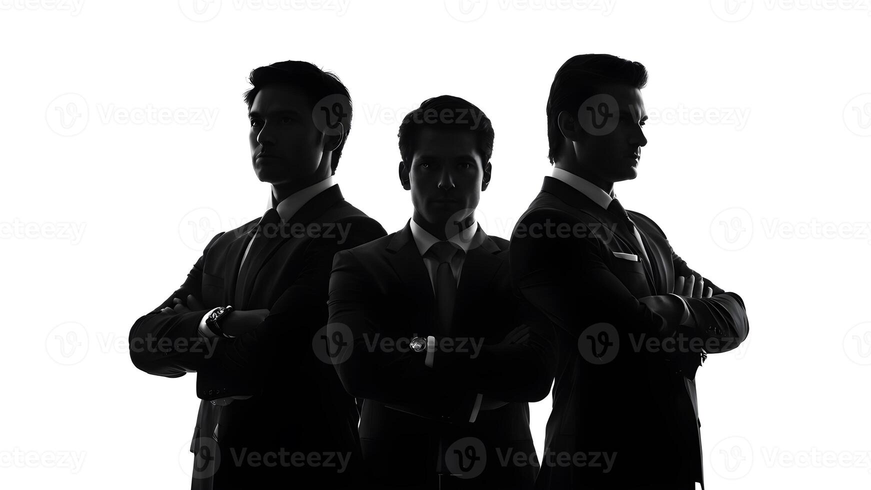 Silhouette portrait three businessman wearing suit and arm crossed in shadow against white background. concept of business success, leadership, teamwork, partnership photo