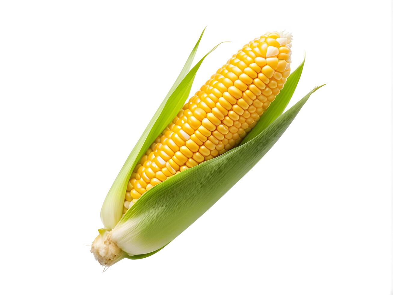 Close up of Sweet corn isolated on white background. Fresh maize with green leaf photo