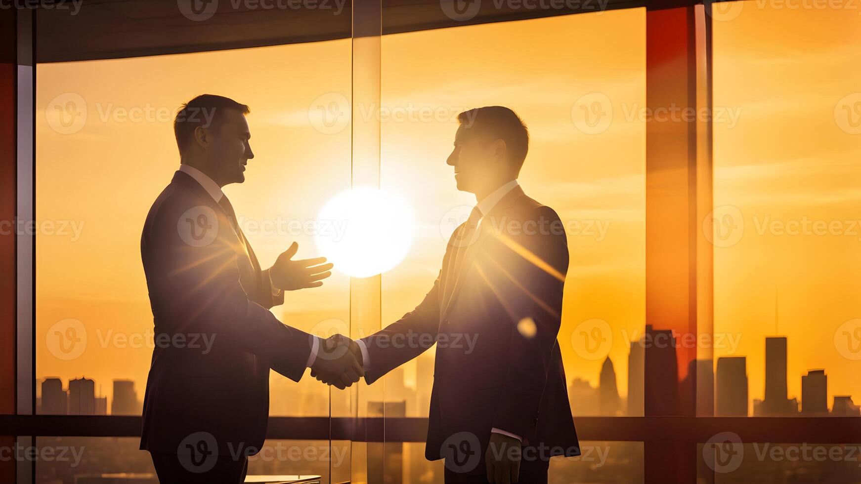 Silhouette businessman handshake with conversation pose against big sunrise and building background. concept of business success, decision, partnership, cooporate, teamwork photo