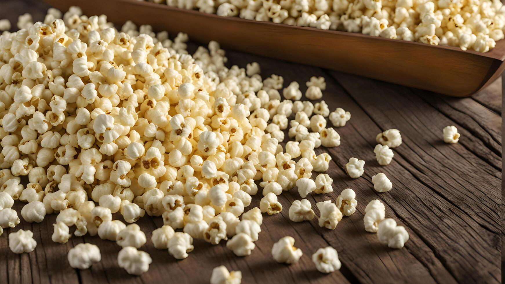 Popcorn in wood box with popcorn scattered on wooden table. Close up of products made from corn as raw material by heat cook photo