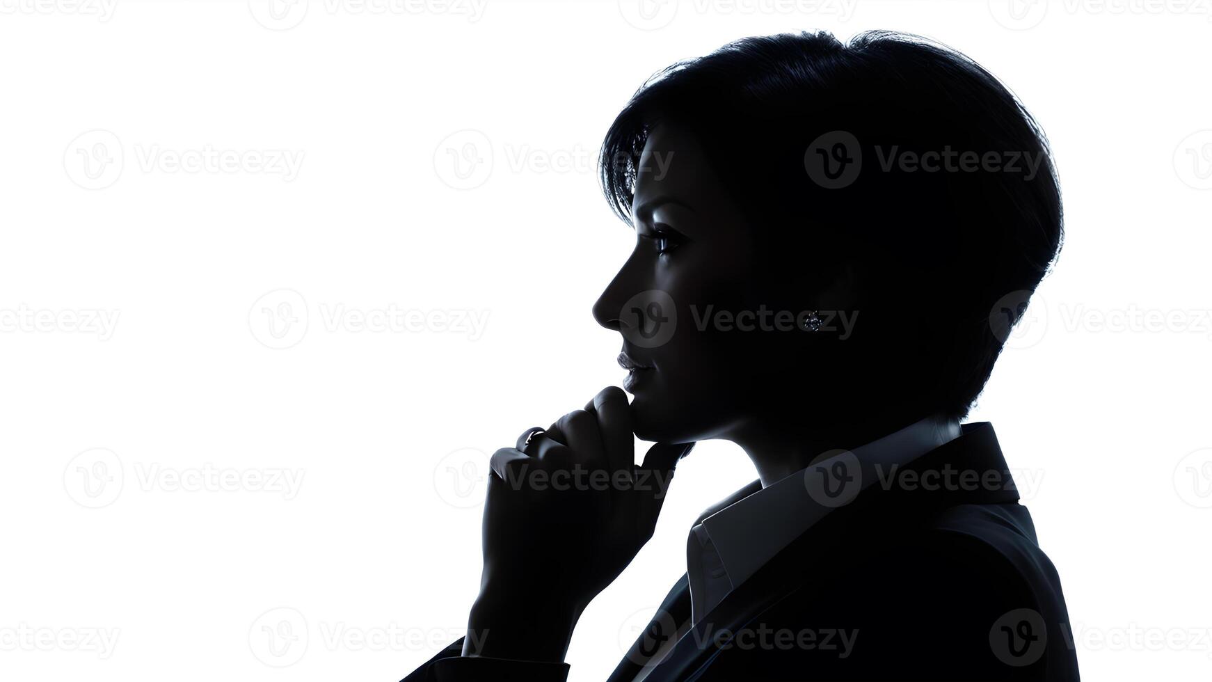 Silhouette side pose of businesswoman with suit and hand touch chin in shadow against white background. concept of business leadership, thinking, decision photo
