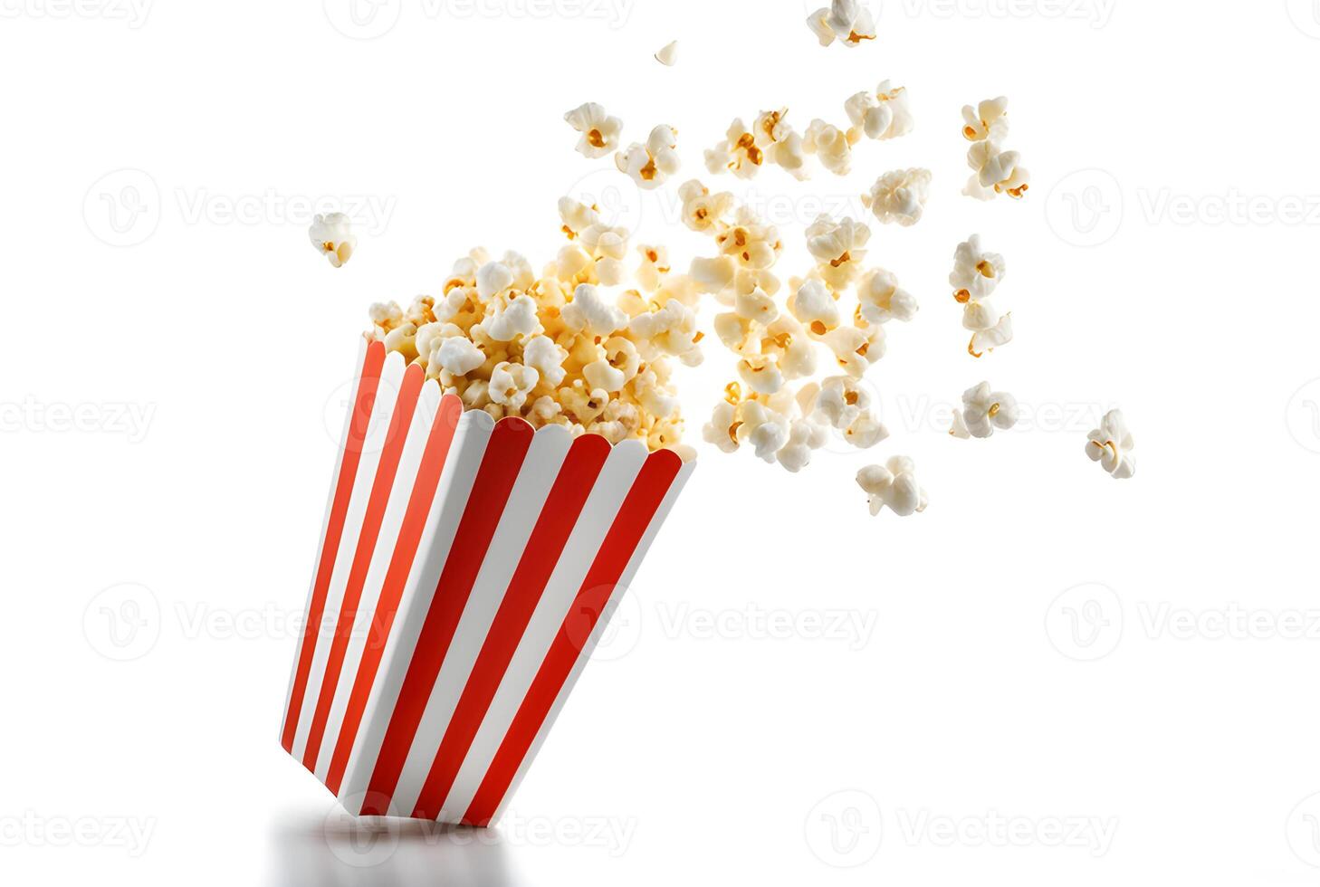 Popcorn box with popcorn floating scattered isolated on white background. Close up of products made from corn as raw material by heat cook photo