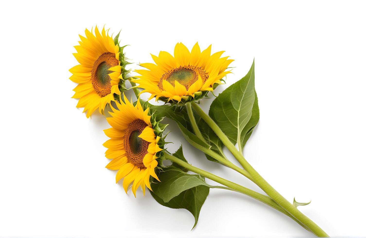 Top view of fresh sunflowers isolated on white background. Seeds and oil. Flat lay flowers object on center composition, Clipping path photo