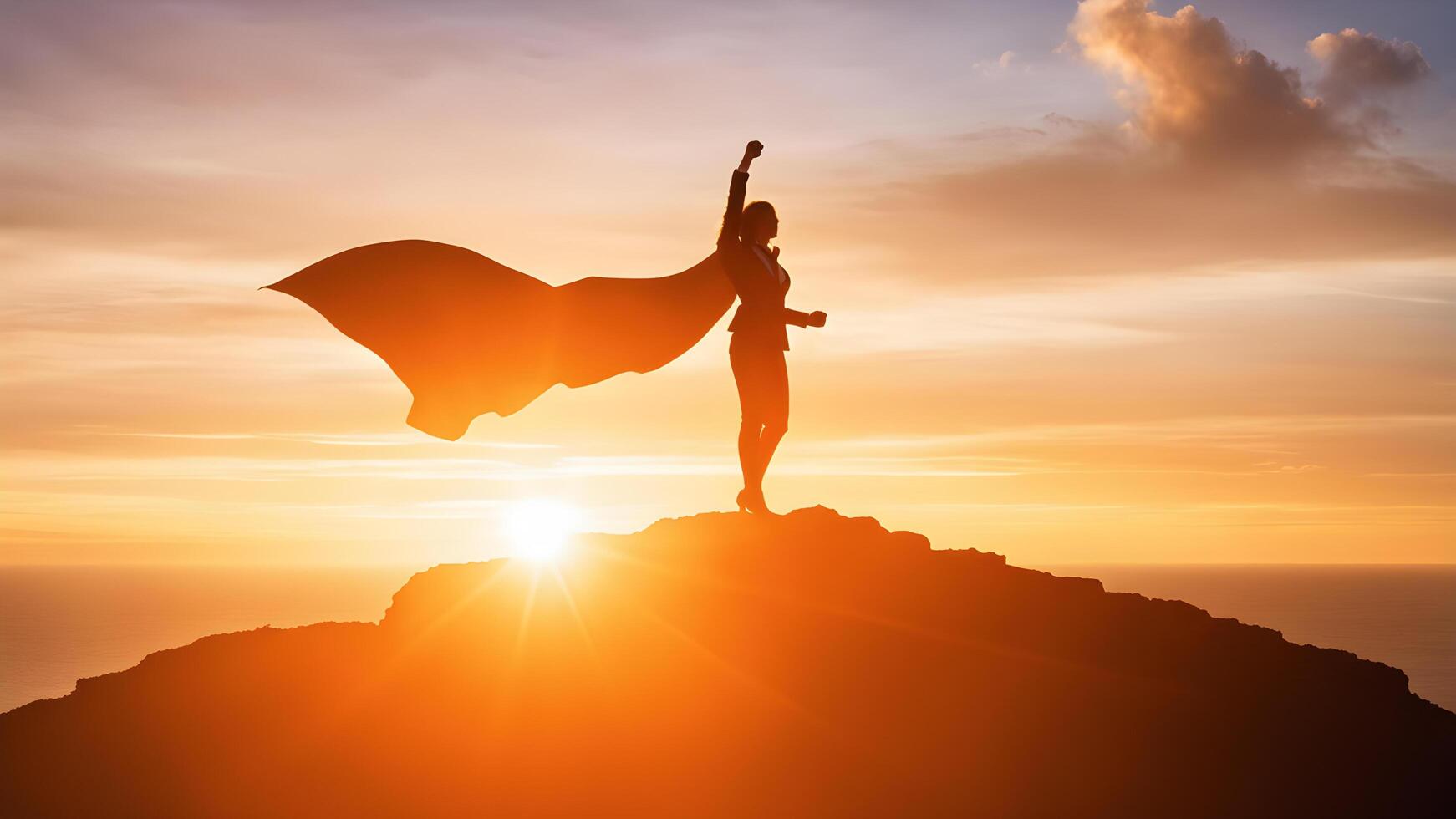 Silhouette side pose of businesswoman wearing cape and rise fist up standing on top of mountain. concept of woman power, business success, leadership, target goal achieve, winner photo