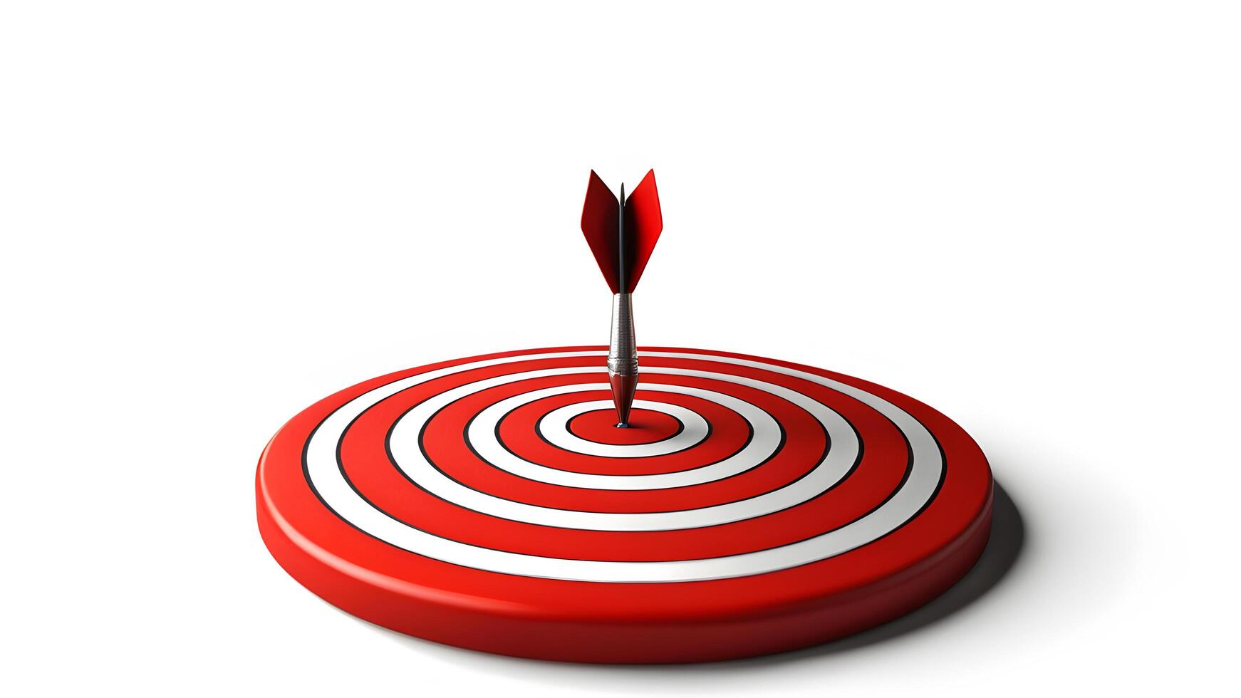 Red dart hit to center of red dartboard on white floor. Arrow on bullseye in target. Business success, investment goal, opportunity challenge, aim strategy, achievement objective concept. photo