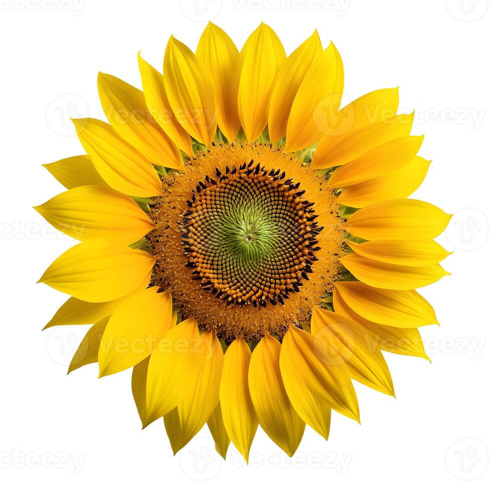 Close up of one sunflower isolated on white background. Seeds and oil. Flat lay flowers center composition, Clipping path photo
