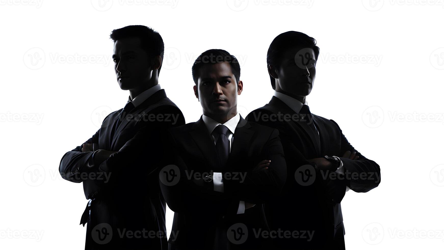 Silhouette three businessman wearing suit and arm crossed in shadow against white background. concept of business success, leadership, teamwork, partnership photo