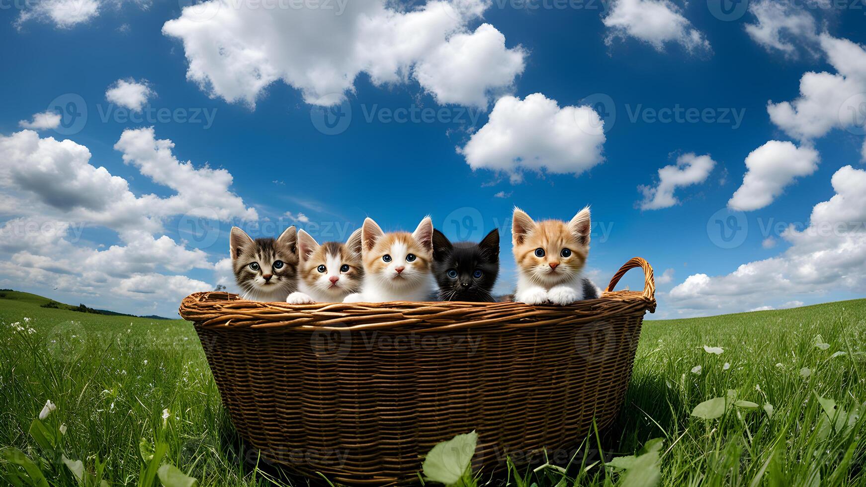 Low angle shot of five baby kitten in jute basket on the green grass in meadow with blue sky photo