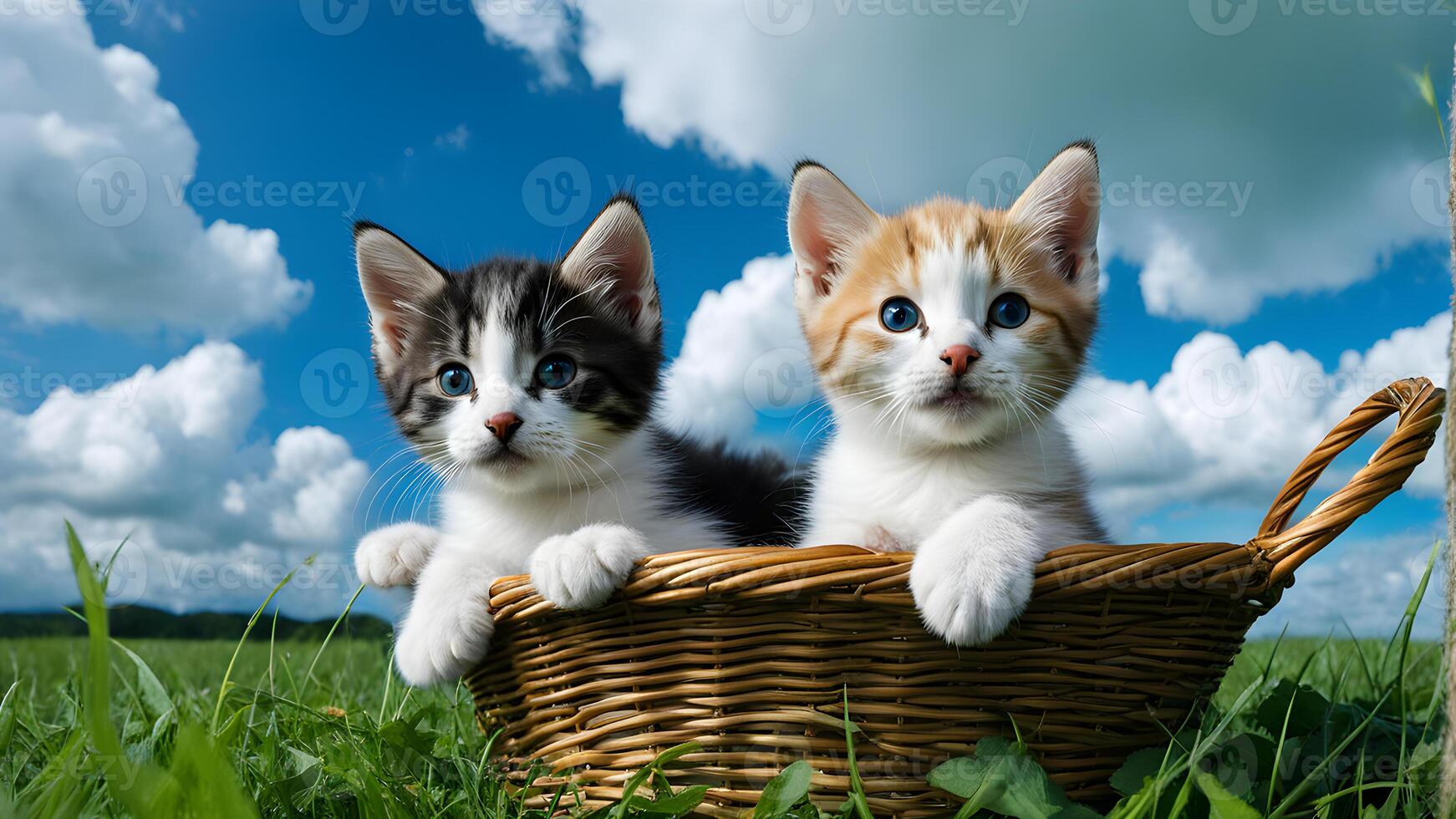 Close up shot of two baby kitten, grey and orange color in jute basket on the green grass in meadow with blue sky photo