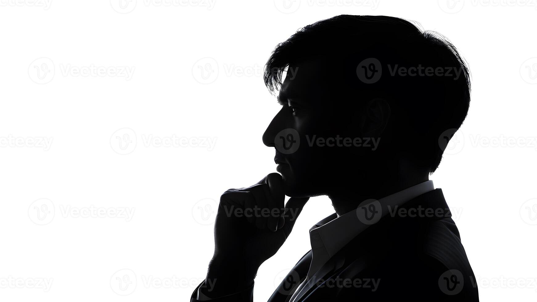 Silhouette side pose of asian businessman with suit and hand touch chin in shadow against white background. concept of business leadership, thinking, decision photo