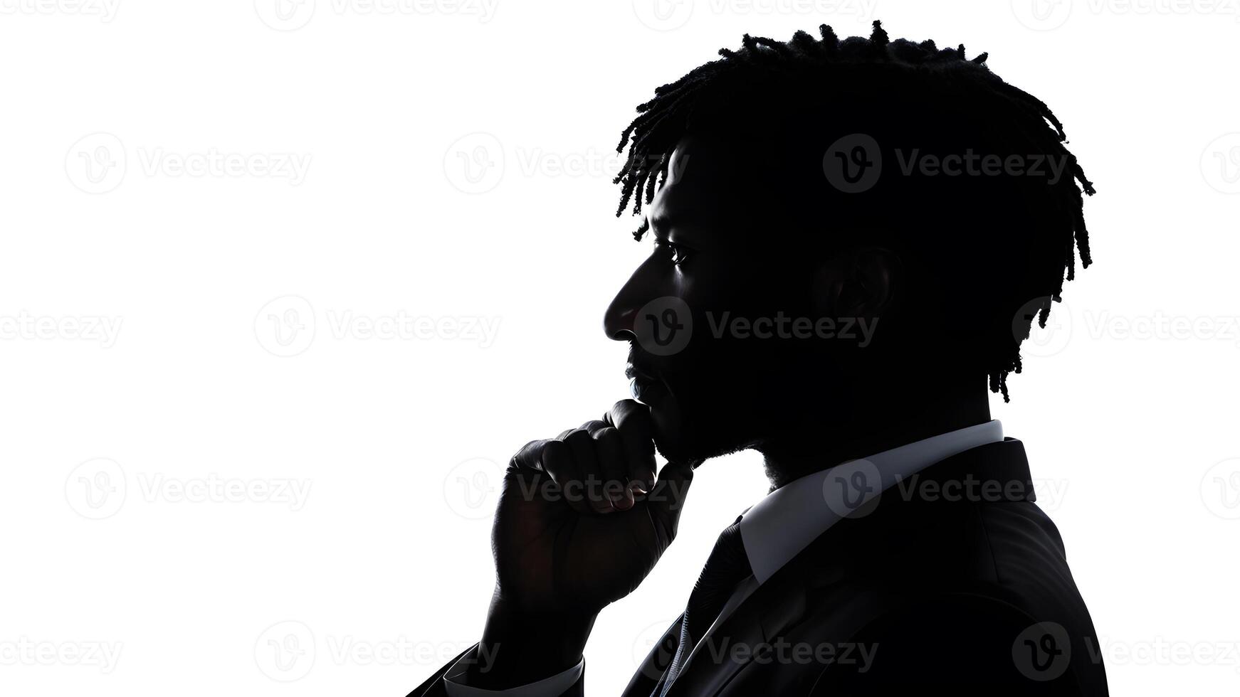 Silhouette side pose of African businessman with suit and hand touch chin in shadow against white background. concept of business leadership, thinking, decision photo