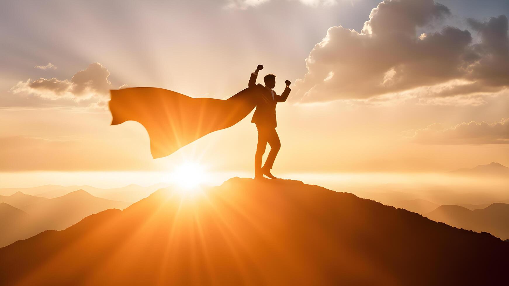 Silhouette businessman wearing cape and rise two fist up standing on top of mountain. concept of business success, leadership, target goal achieve, winner photo