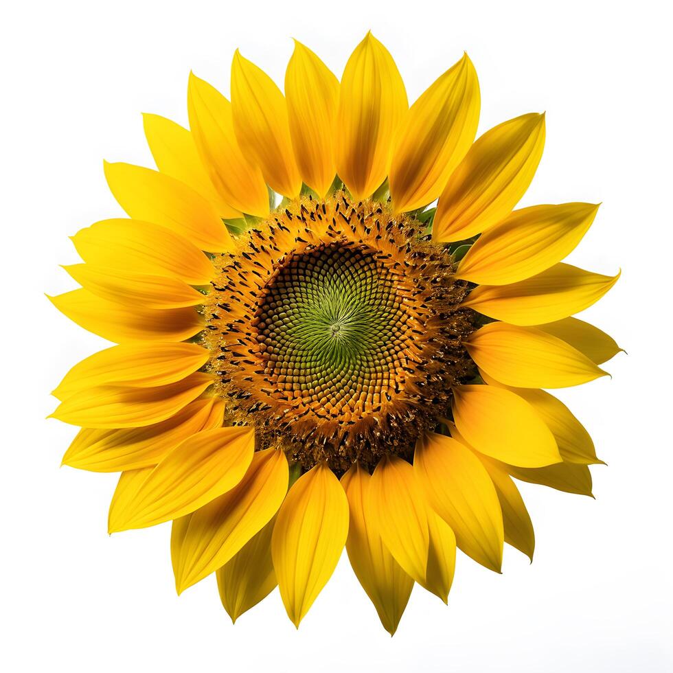 Close up of single sunflower isolated on white background. Seeds and oil. Flat lay flowers center composition, Clipping path photo