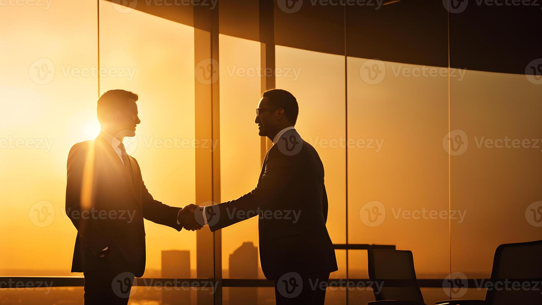 Silhouette two businessman handshake against sunset and blurry city building background. concept of business success, decision, partnership, cooporate, teamwork photo