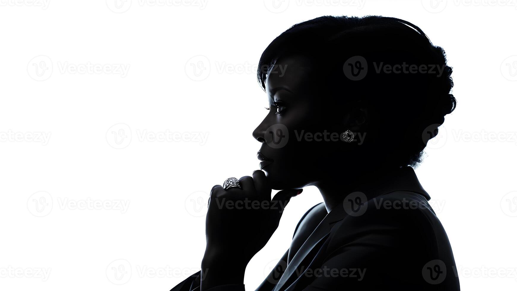 Silhouette side pose of African businesswoman with suit and hand touch chin in shadow against white background. concept of business leadership, thinking, decision photo