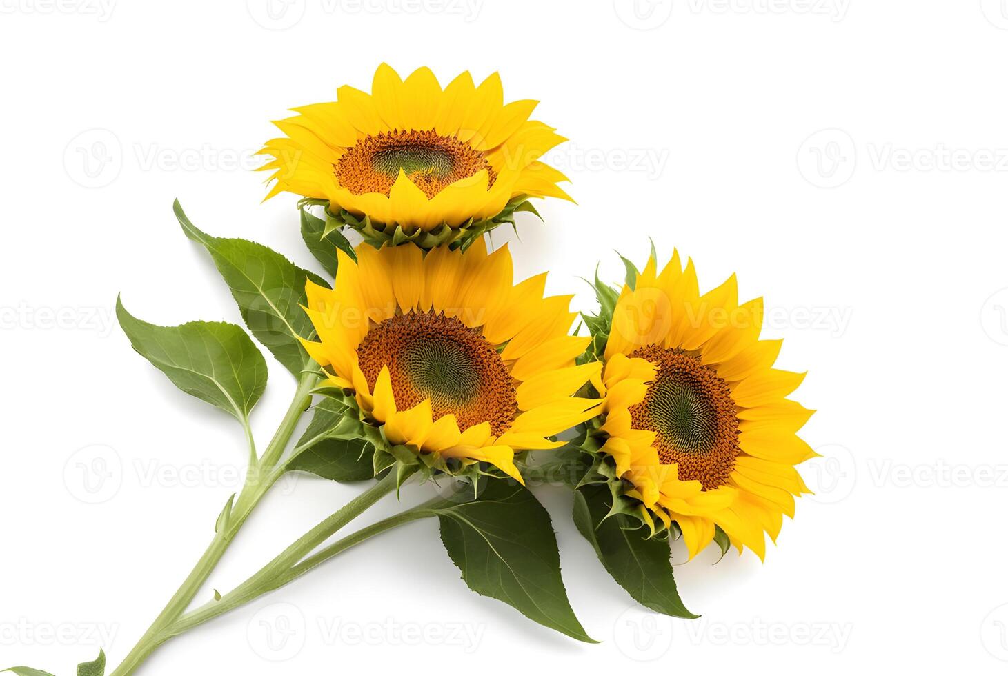 Top view bunch of fresh sunflowers isolated on white background. Seeds and oil. Flat lay flowers object on center composition, Clipping path photo