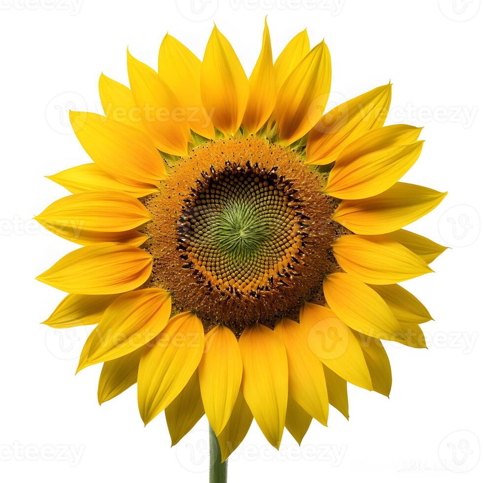 Flat lay close up of one sunflower isolated on white background. Seeds and oil. flower object on center composition, Clipping path photo
