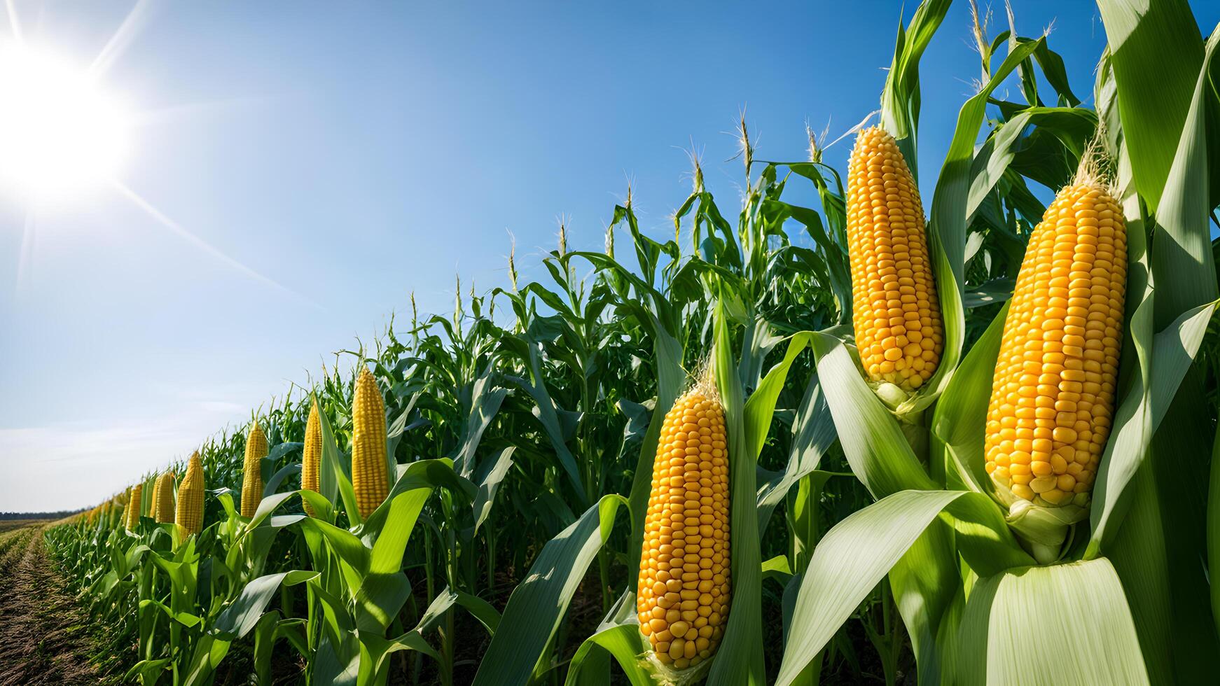 Corn farm landscape with close up of three fresh cob or corn cobs. Maize corn plantation field with sun light photo