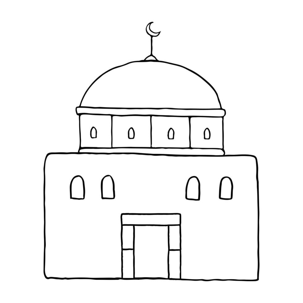 Flat mosque house black and white simple illustration. Traditional Islamic Middle East Arabic architecture with windows and dome vector