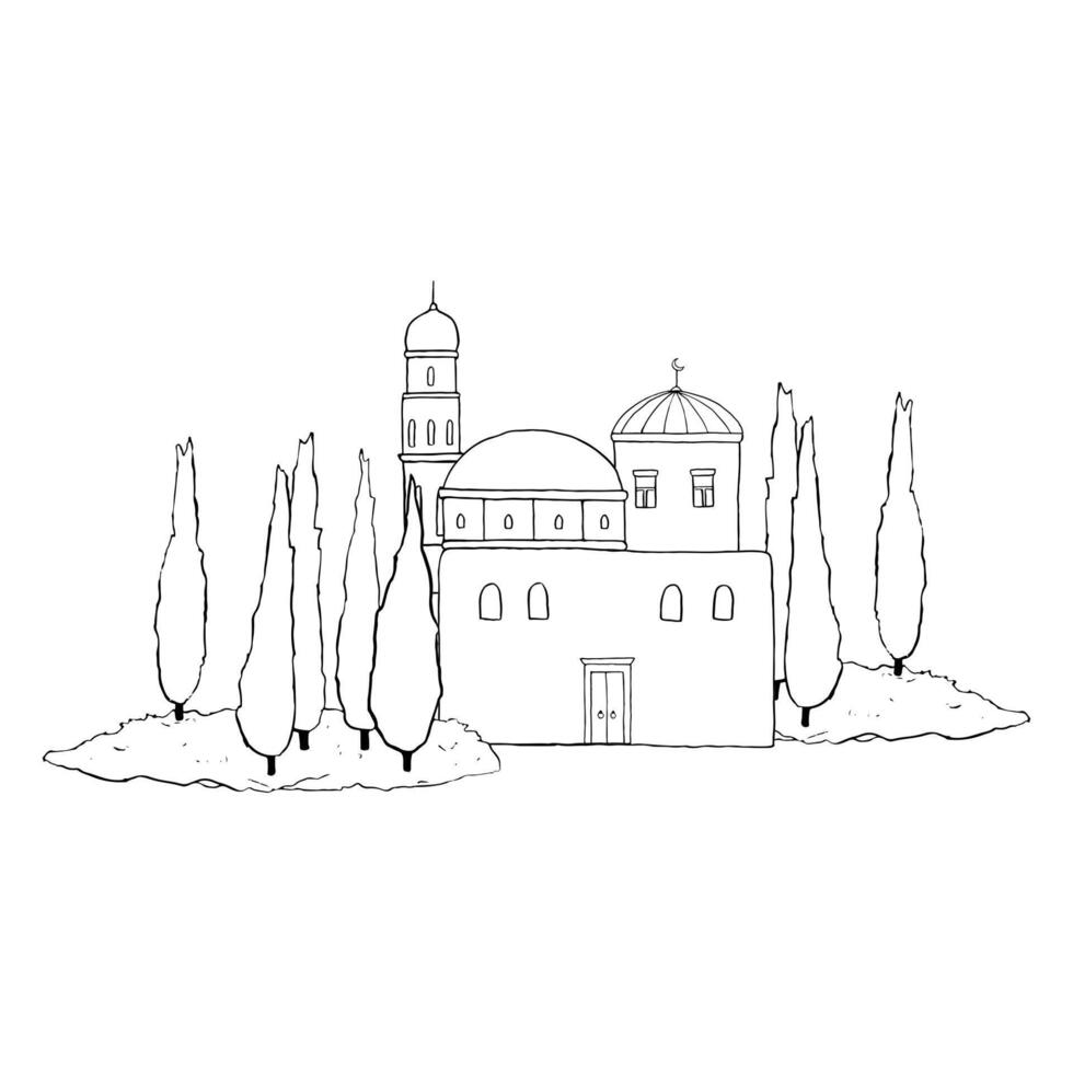 Mosque with trees landscape in old town of Jerusalem line ink illustration in black and white. Monochrome flat cityscape of Israel capital city and cypress plants. Arabic architecture vector