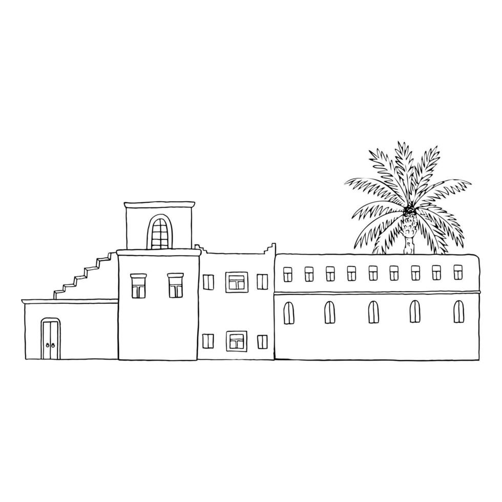 Traditional Arabic houses on middle east street with palm tree, Jerusalem cityscape black and white illustration. Islamic village scene. Ancient Rome stone architecture vector