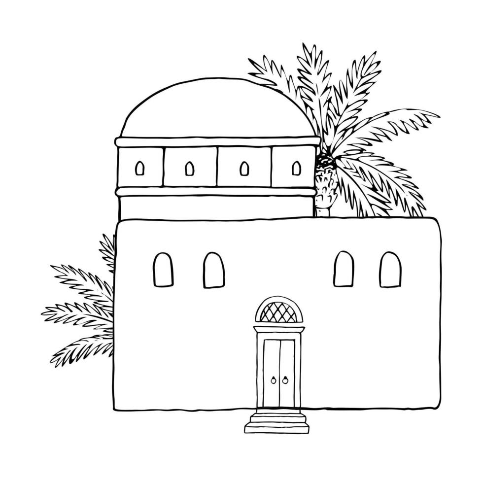 Monochrome Arabic house with dome, door, windows and palm trees flat illustration in black and white. Simple line art landscape of traditional Islamic Middle East architecture vector