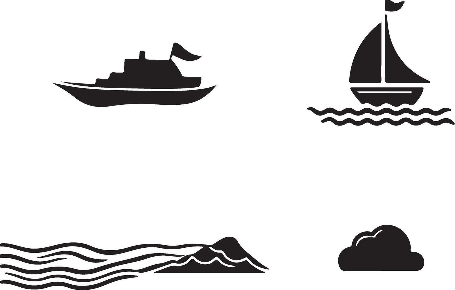 Boat silhouette with cloud and wave. vector