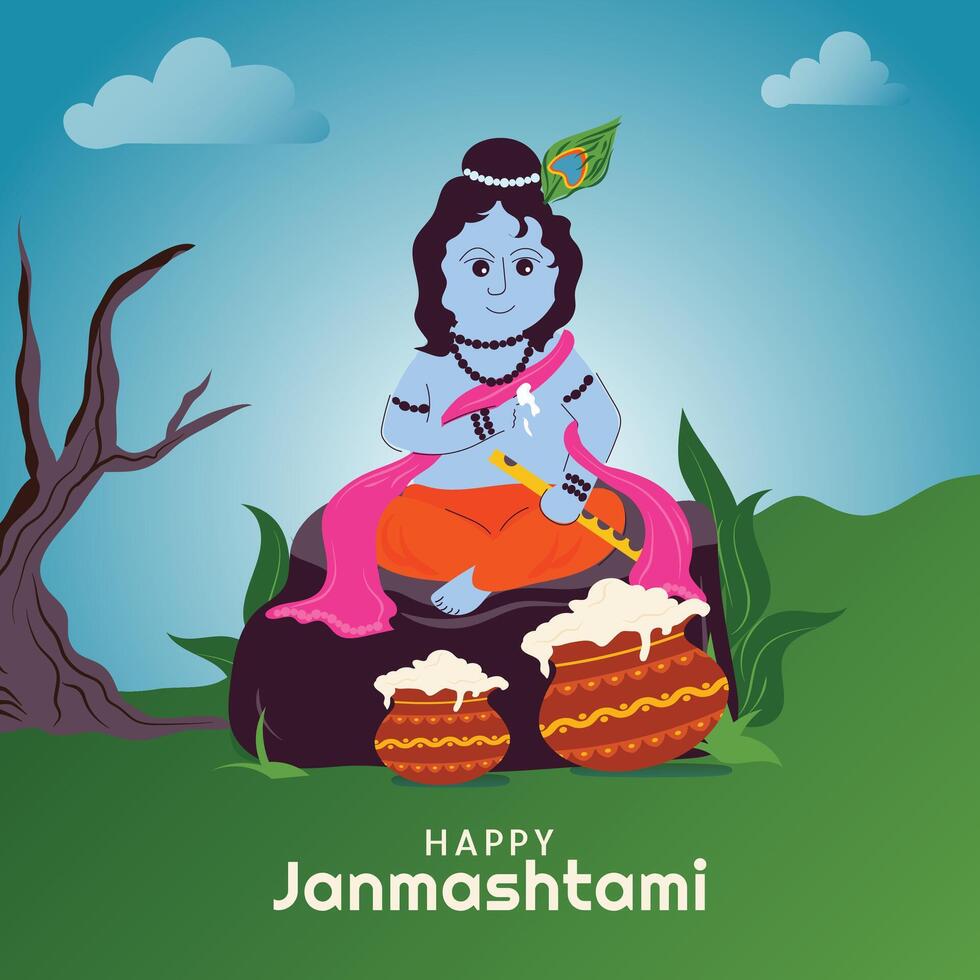 Krishna Janmashtami Celebration Post With Lord Krishna Character Illustration vector