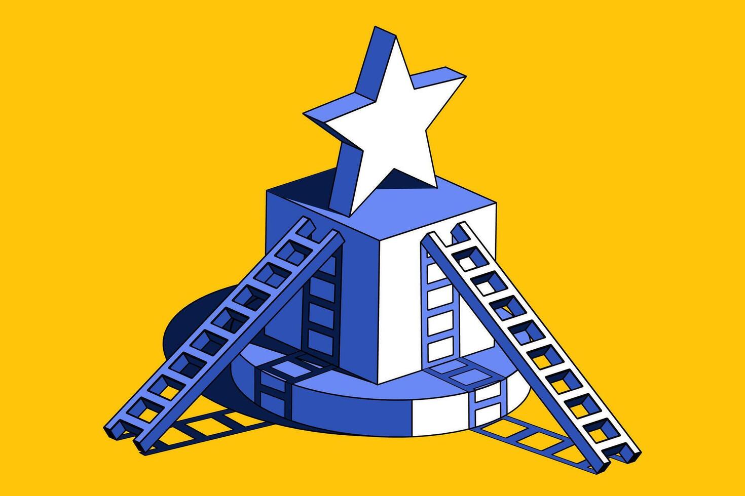 Isometric illustration featuring a white star atop a blue pedestal, with ladders leaning against it from all sides. Symbol of way to award, journey to achievement and recognition. vector