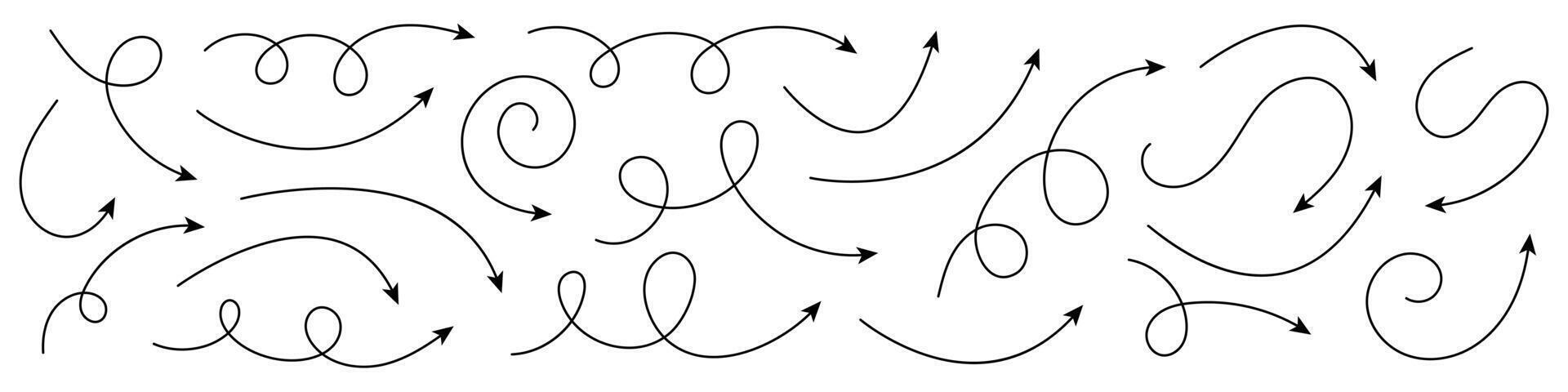 Collection of curved arrows. Set simple curved hand drawn arrows. Collection of pointers. vector