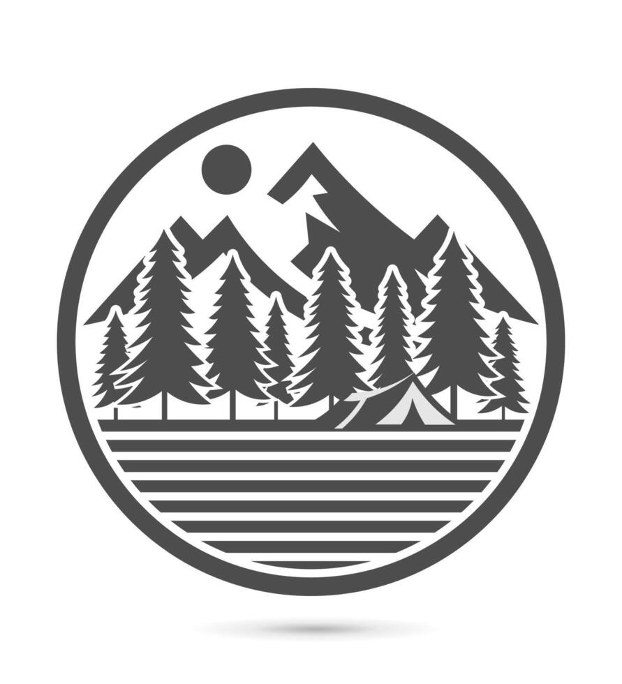 Camping Mountain Illustration with Tent, Pine Tree, Mountain, Moon, Lake, Forests. vector
