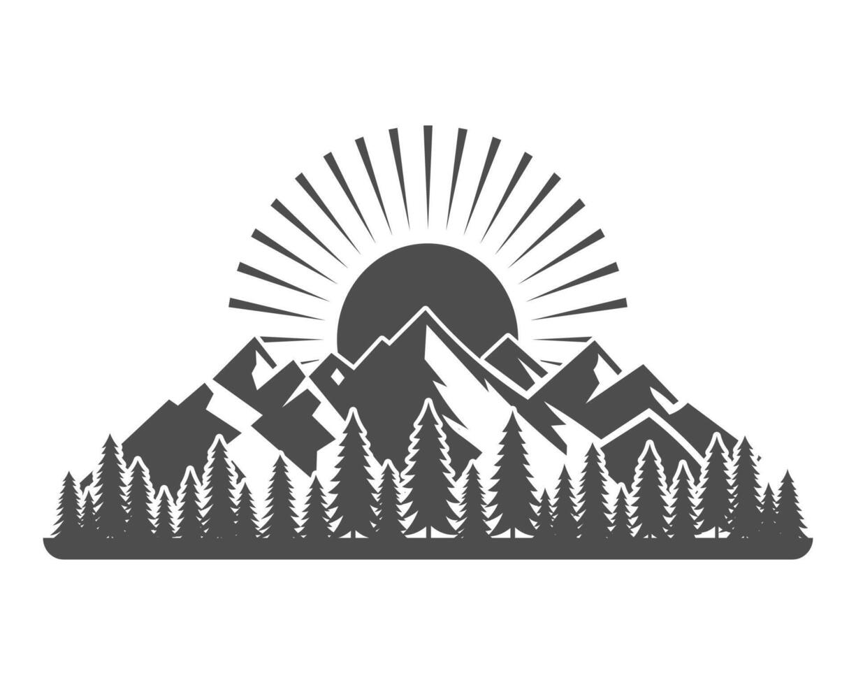 Camping Mountain Illustration with Pine Tree, Mountain, Sun, Lake, Forests. vector
