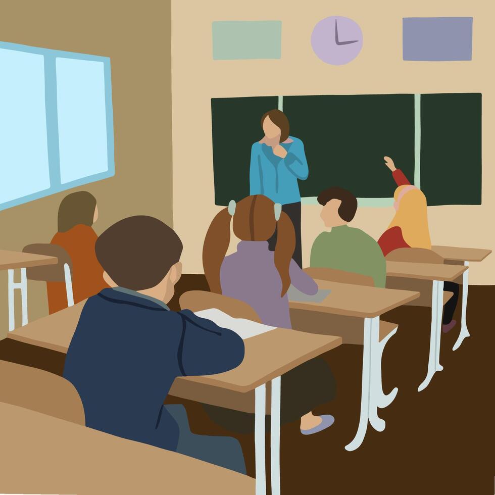 Illustration of students with a teacher in the lesson. vector