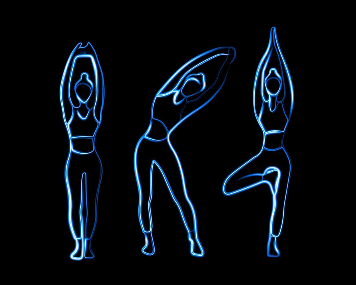 Illustration of yoga poses with neon effect. vector