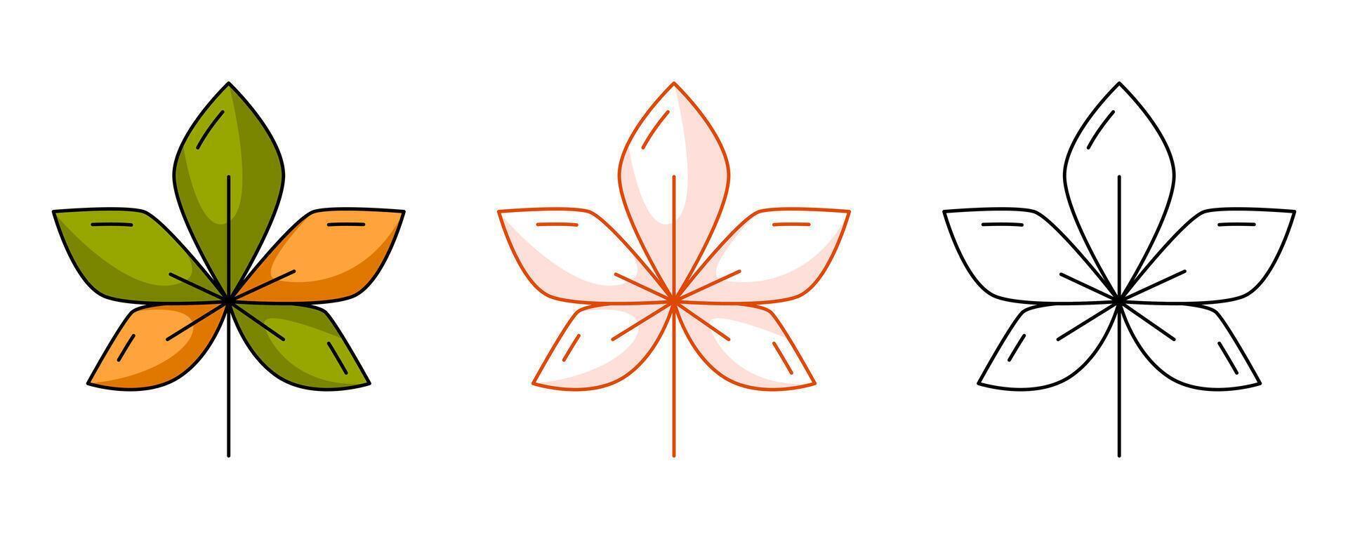 Autumn green and orange chestnut leaf, colorful and line icon set. Fall seasonal concept, flat outline icon, monochrome red, color illustration. For logo, sticker, coloring book, label, emblem vector