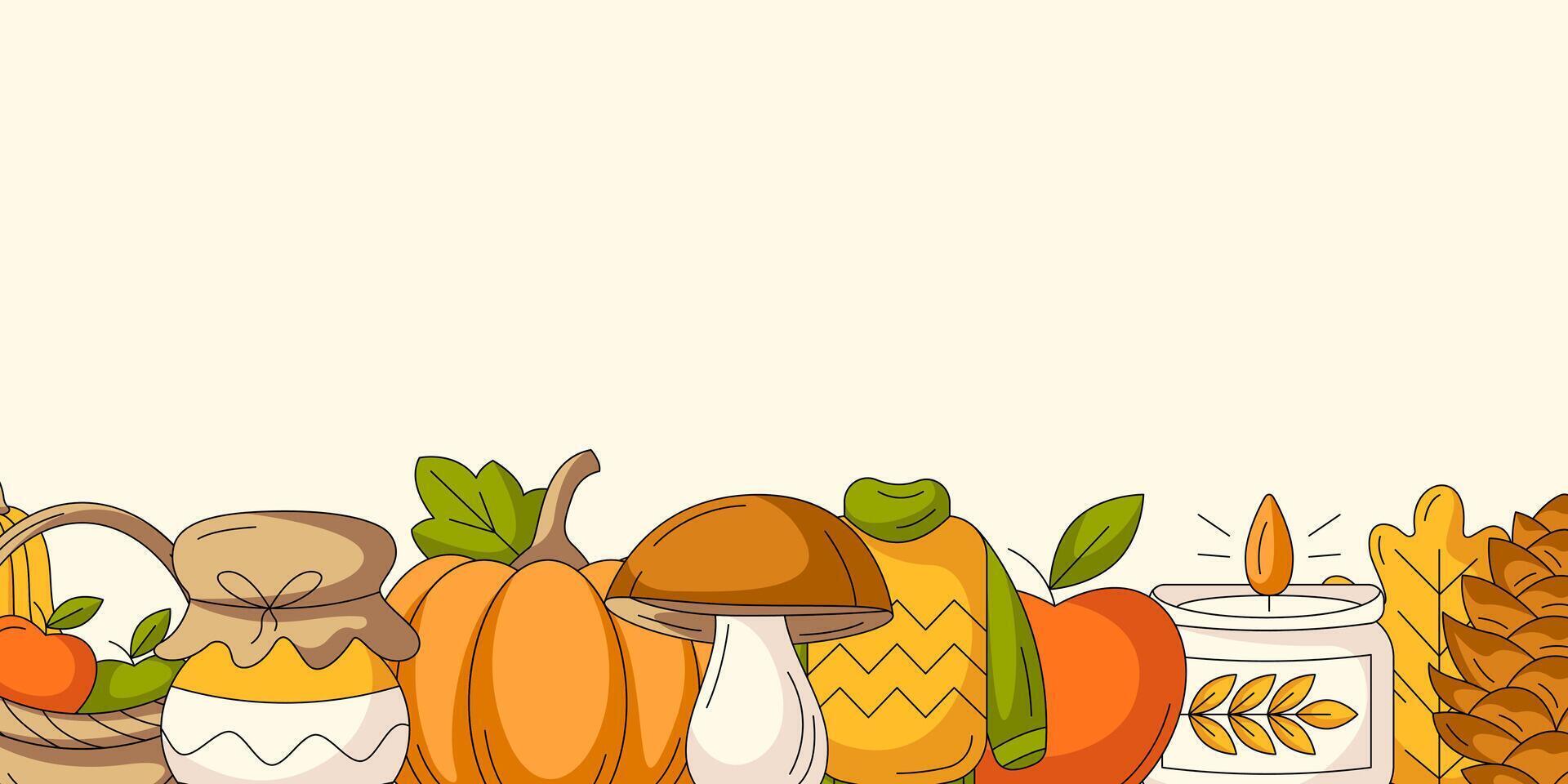 Autumn horizontal banner with space for text. Colorful bottom frame with fall seasonal cozy elements of warm clothes, mushroom, pumpkin, harvest, candle. For poster, flyer, card. Isolated background vector