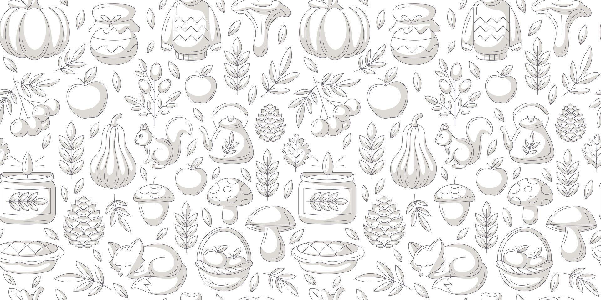 Minimalist autumn seamless pattern with cozy seasonal fall elements, food, clothes and animals. Isolated background. Fall endless backdrop. For fabric, paper, textile, gift wrap, cover or print vector