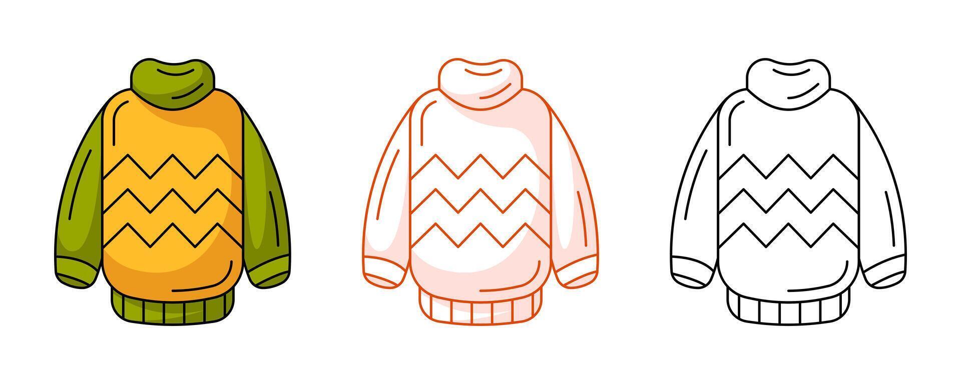 Warm sweater, colorful and line icon set. Fall or winter element of clothes for cold weather. Flat outline icon, monochrome red and color illustration. For logo, sticker, coloring book, label vector