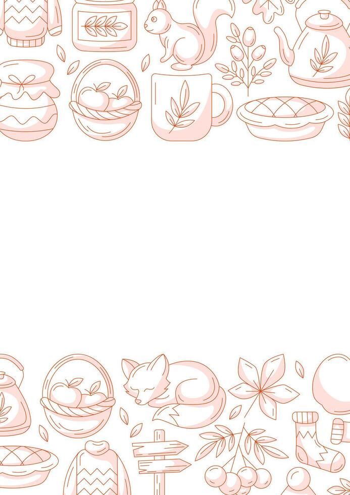 Autumn vertical a4 poster with space for text. Minimalist monochrome red bottom and upper frame with fall seasonal cozy elements, food, clothes, mushrooms, animals. For card, banner, invitation vector