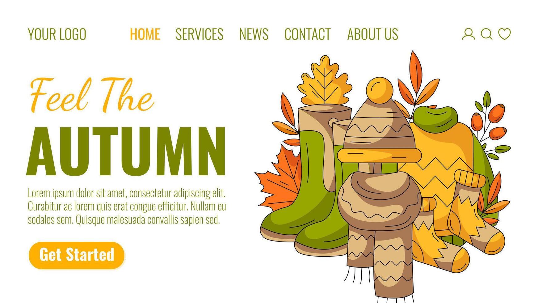 Autumn landing page template. Fall clothes for cozy and warm season from hat, scarf, sweater, boots and socks. Rosehip, maple, oak leaves. For website, web, online, banner. Isolated background vector